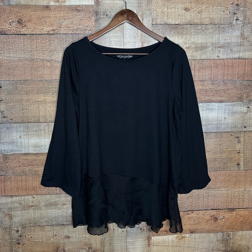 Soft Surroundings Black 3/4 Bell Sleeve tiered ruffles M
